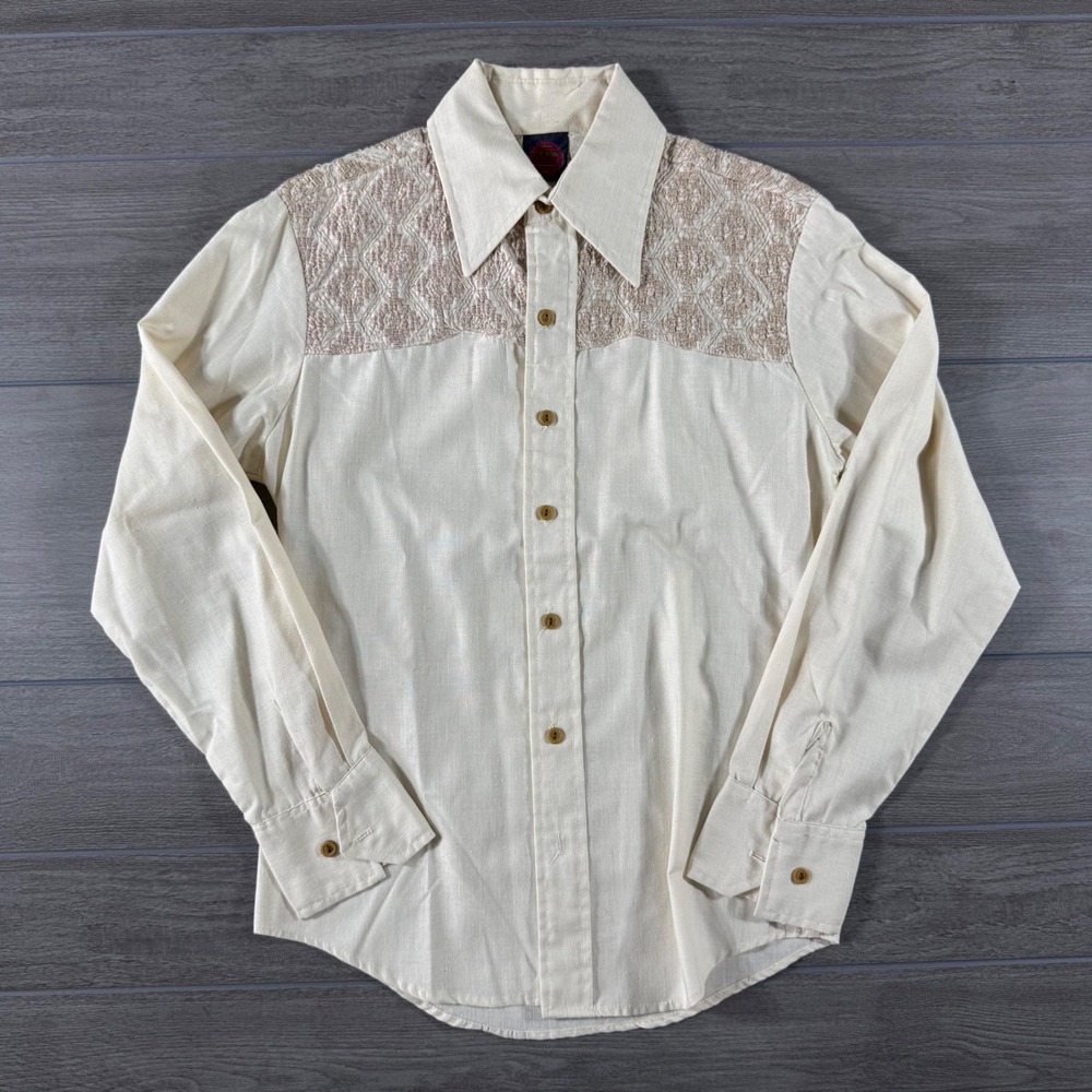 Tobias Vintage Embroidered Western Shirt Mens Small Cream Button Down